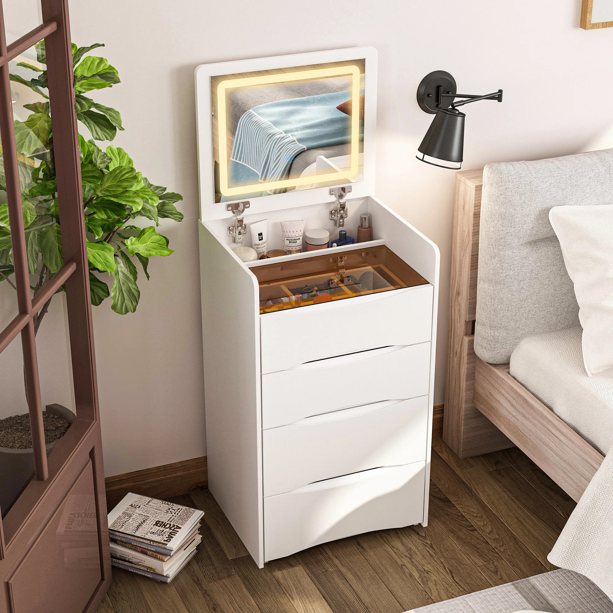 Brevyn 18.7'' Wide Makeup Vanity Table with Flip Top Lighted, Storage Makeup Stool | Wayfair North America