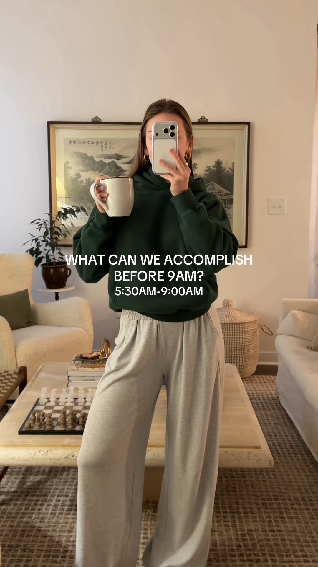 1/27/26 30 a.m. to 9 a.m. morning routine 🤍 Starting the day slow and grounded before anything else unfolds. Linking my Aritzia green hoodie, Abercrombie lounge pants, pour-over coffee maker from Amazon, living room furniture details, Omnilux LED red light mask, Hatch alarm clock, and my snow-day shovel outfit with my L.L.Bean bean boots.