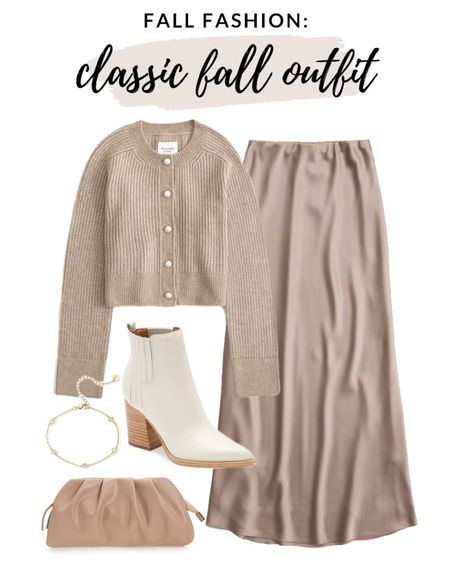 Classic and neutral fall outfit idea! Love this satin slip skirt paired with a cute pearl button cardigan! 

#fallfashion 

Satin slip skirt. How to style a slip skirt for fall. White fall booties. Amazon clutch. Fall outfit idea. 

#LTKSeasonal #LTKfindsunder100 #LTKstyletip