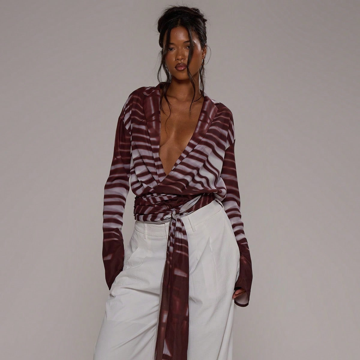 MUSERA Collared Plunge V Neck Chiffon Patterned Wrap Waist Long Sleeve Top Spring Summer Vacation... | SHEIN