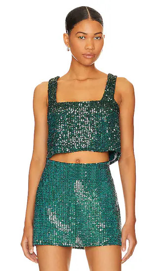 Tara Crop Top in Emerald Sequins Emerald Green Top Green Holiday Top Green Skirt Outfit Ideas Skirts | Revolve Clothing (Global)