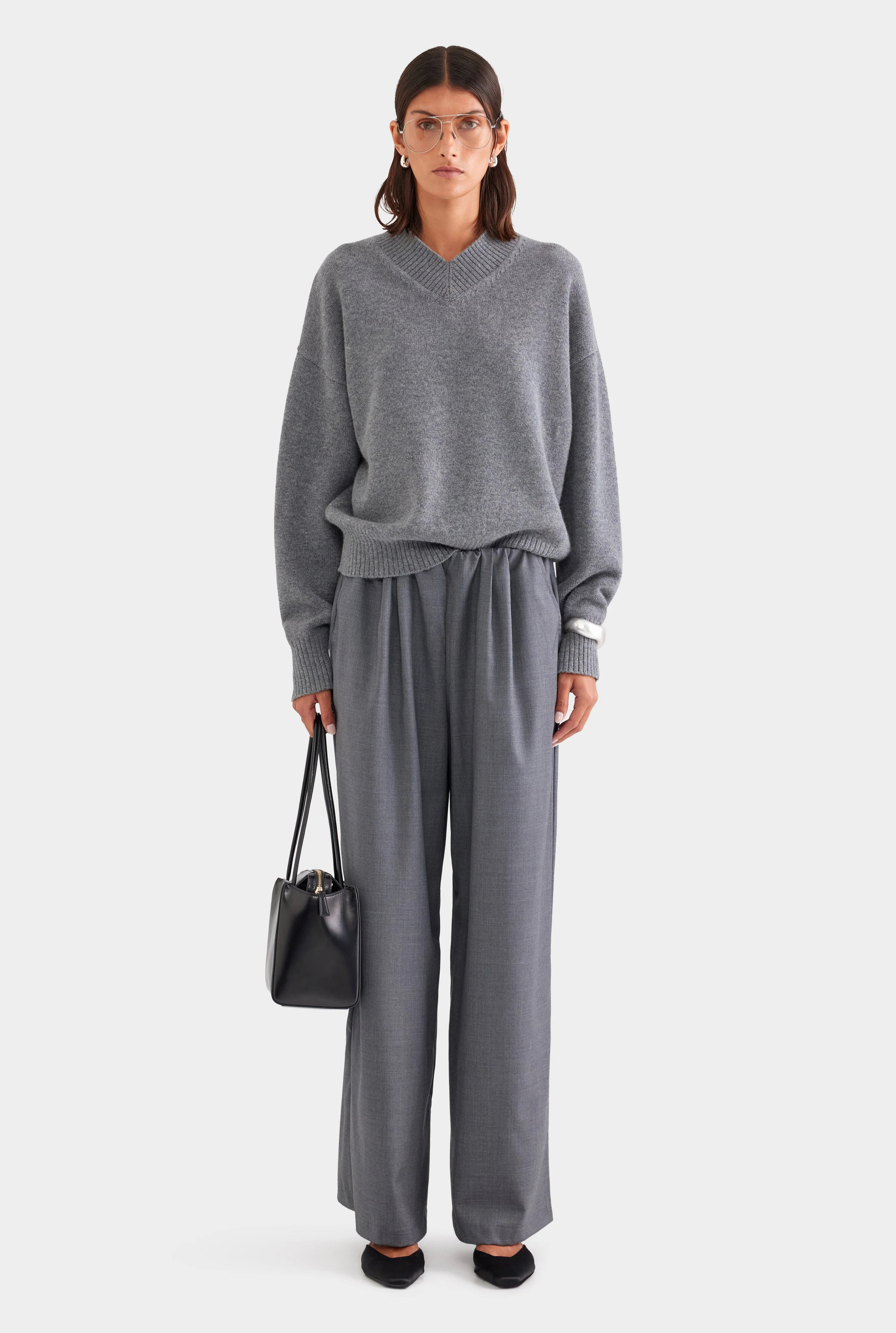 Relaxed Wool Wide Leg Trouser Dark Grey Marl | Venroy | Venroy AU