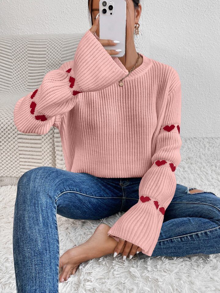 SHEIN Essnce Heart Pattern Flounce Sleeve Sweater | SHEIN