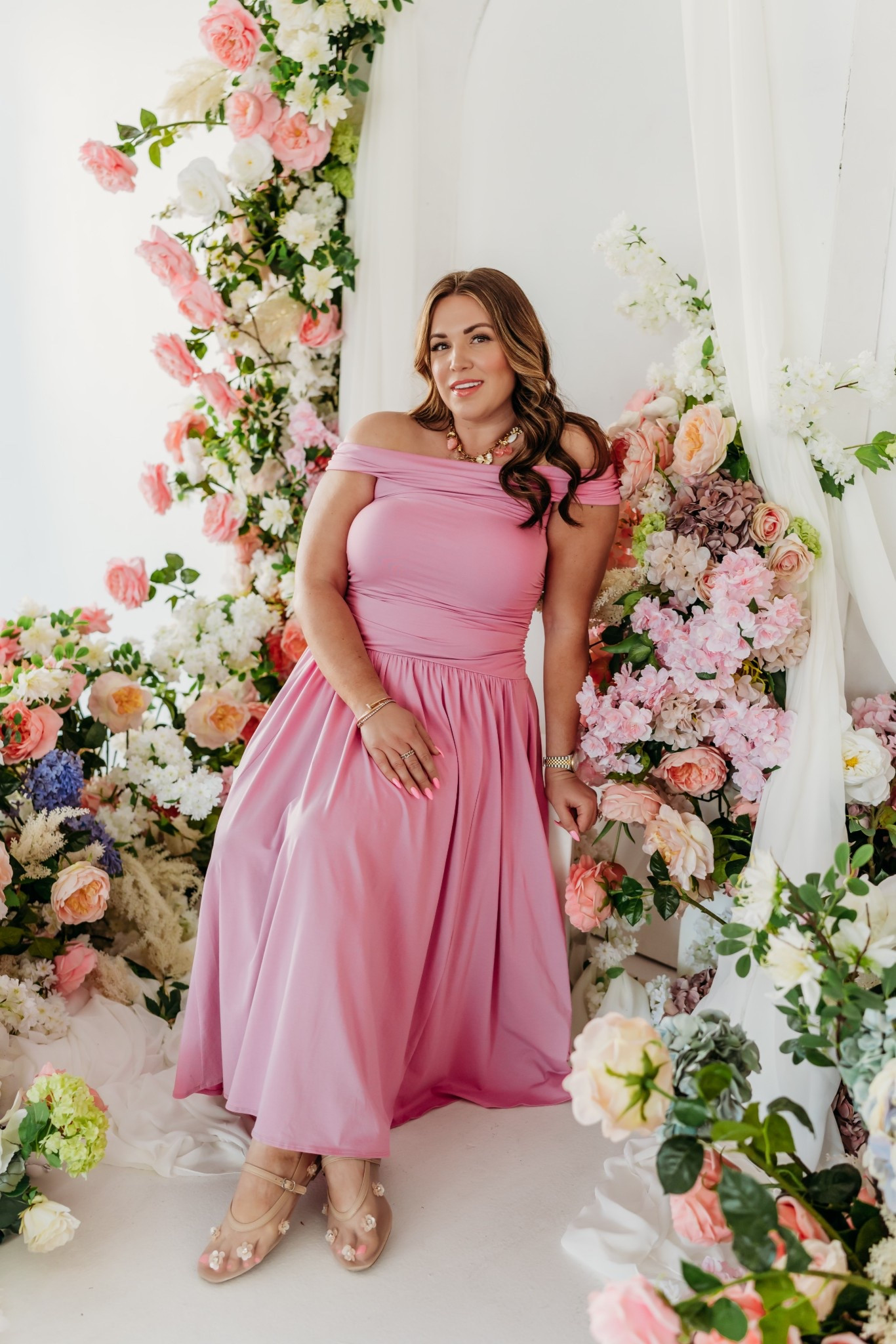 curvy midsize pink purple midi off the shoulder dress for spring! wearing size large 

#LTKMidsize #LTKSpringSale #LTKFindsUnder100