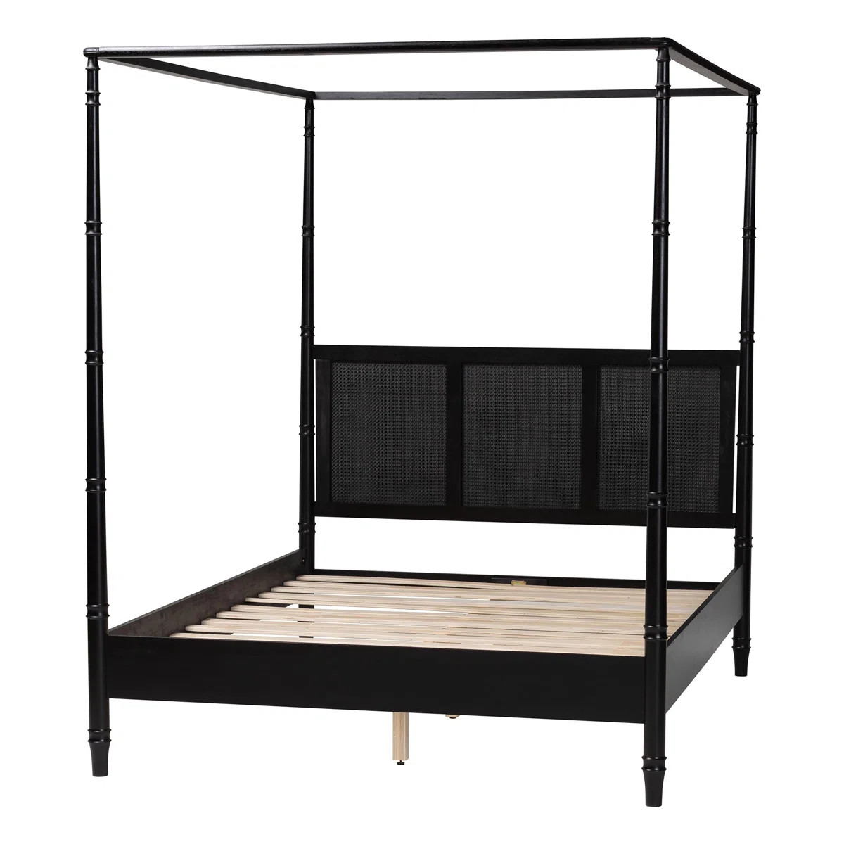 Baxton Studio Gradimir Canopy Bed With Synthetic Rattan Headboard - Black Wood Bed Frame With Bam... | Wayfair North America