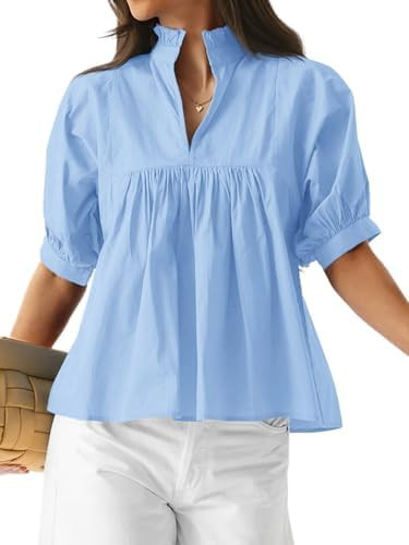 Cicy Bell Womens Puff Sleeve V Neck Blouse Babydoll Peplum Tops Dressy Casual Pleated Loose Fit S... | Amazon (US)