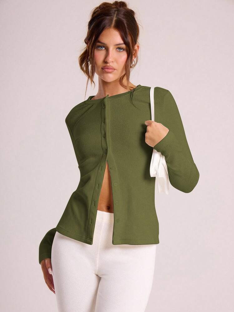 MUSERA Ribbed Button Through Long Sleeve Crew Neck Top Casual Summer Spring Vacation Airport Holiday Fall Winter Christmas | SHEIN