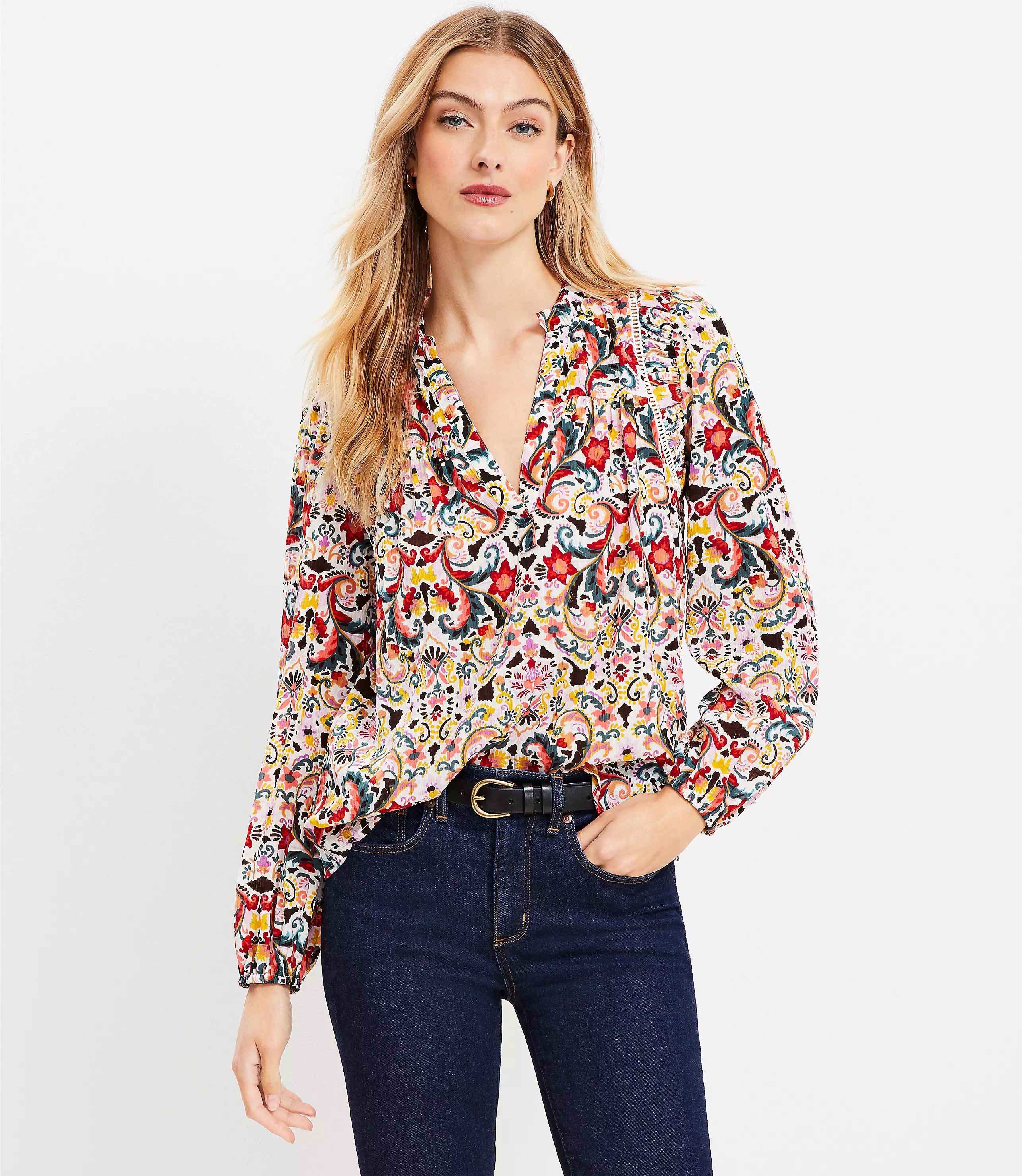 Border Floral Cutout Ruffle Neck Blouse | LOFT