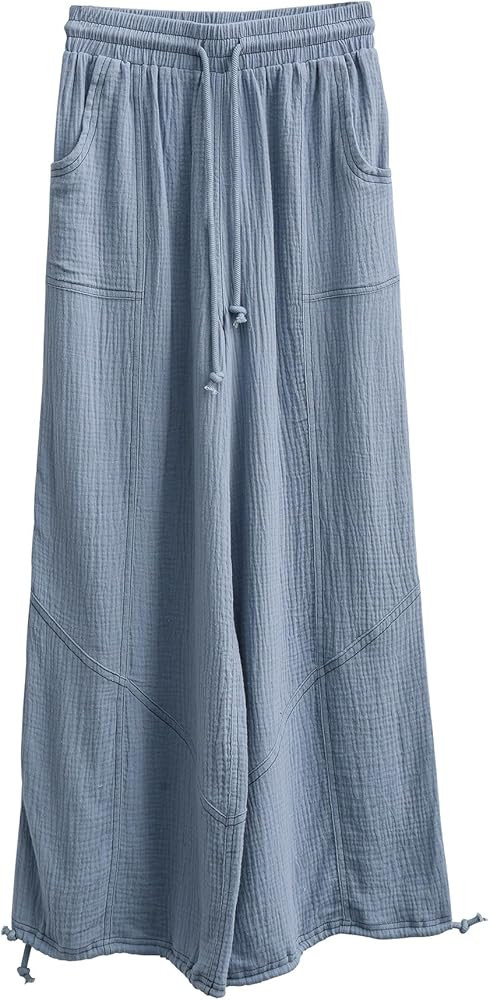 Amazhiyu Women's Cotton Gauze Cargo Joggers Summer Casual Drawstring Flowy Pants | Amazon (US)