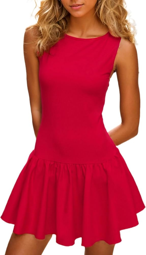 Women's Flowy Mini Tank Dress Sleeveless Boat Neck Solid Slim Fit Puffy Beach Short Summer Dresse... | Amazon (US)