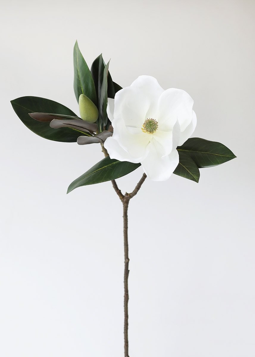 Artificial Real Touch Magnolia Flower and Bud Branch in White - 31" | Afloral (US)