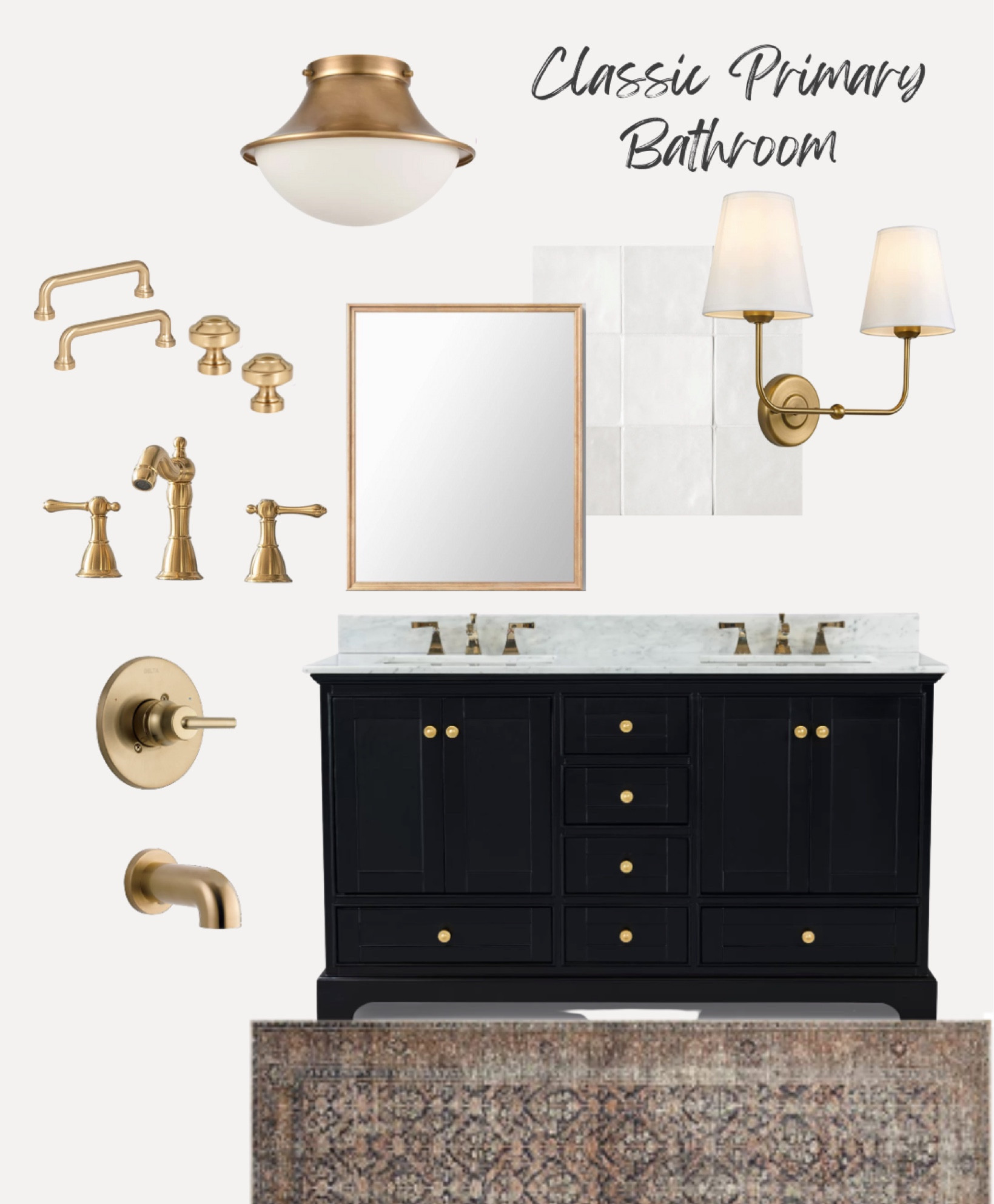 Classic Primary Bathroom // black and white // brass // gold // wall sconce // bathroom lighting // brass faucets // antique // vintage Cloe tile // backsplash 

#LTKhome #LTKsalealert #LTKCyberweek