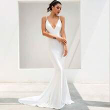 Ruched Detail Backless Floor Length Slip Mermaid Dress | SHEIN