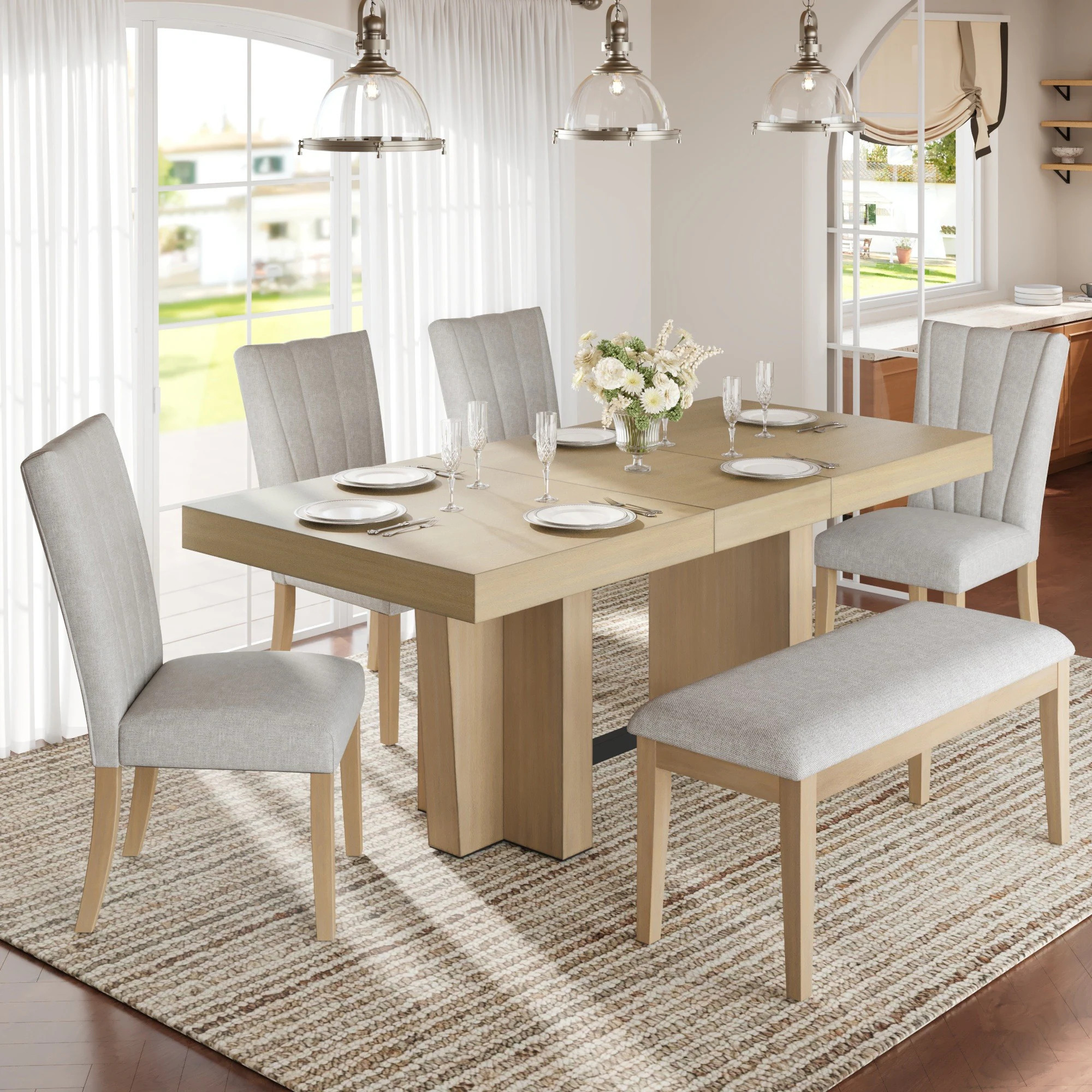 Horizons Prime 78 inch Natural+Beige Solid Wood Extendable Dining Table Set for 6 with Removable Leaf and Upholstered Chairs one_size in Brown | Lowe's