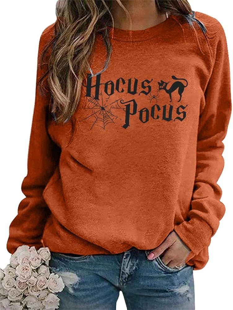 Hocus Pocus Sweatshirt for Women Halloween Shirts Long Sleeve Black Cat Shirt Halloween Pullovers Sw | Amazon (US)