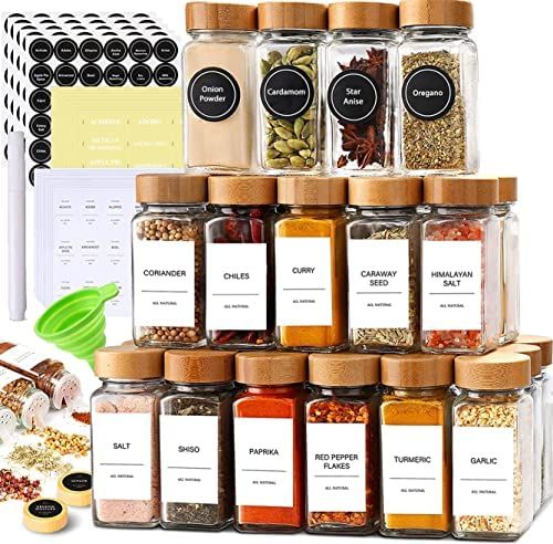 Amazon.com: 24 Glass Spice Jars with Label Set Bamboo Shaker Lids & Funnel, Kitchen Airtight Suga... | Amazon (US)