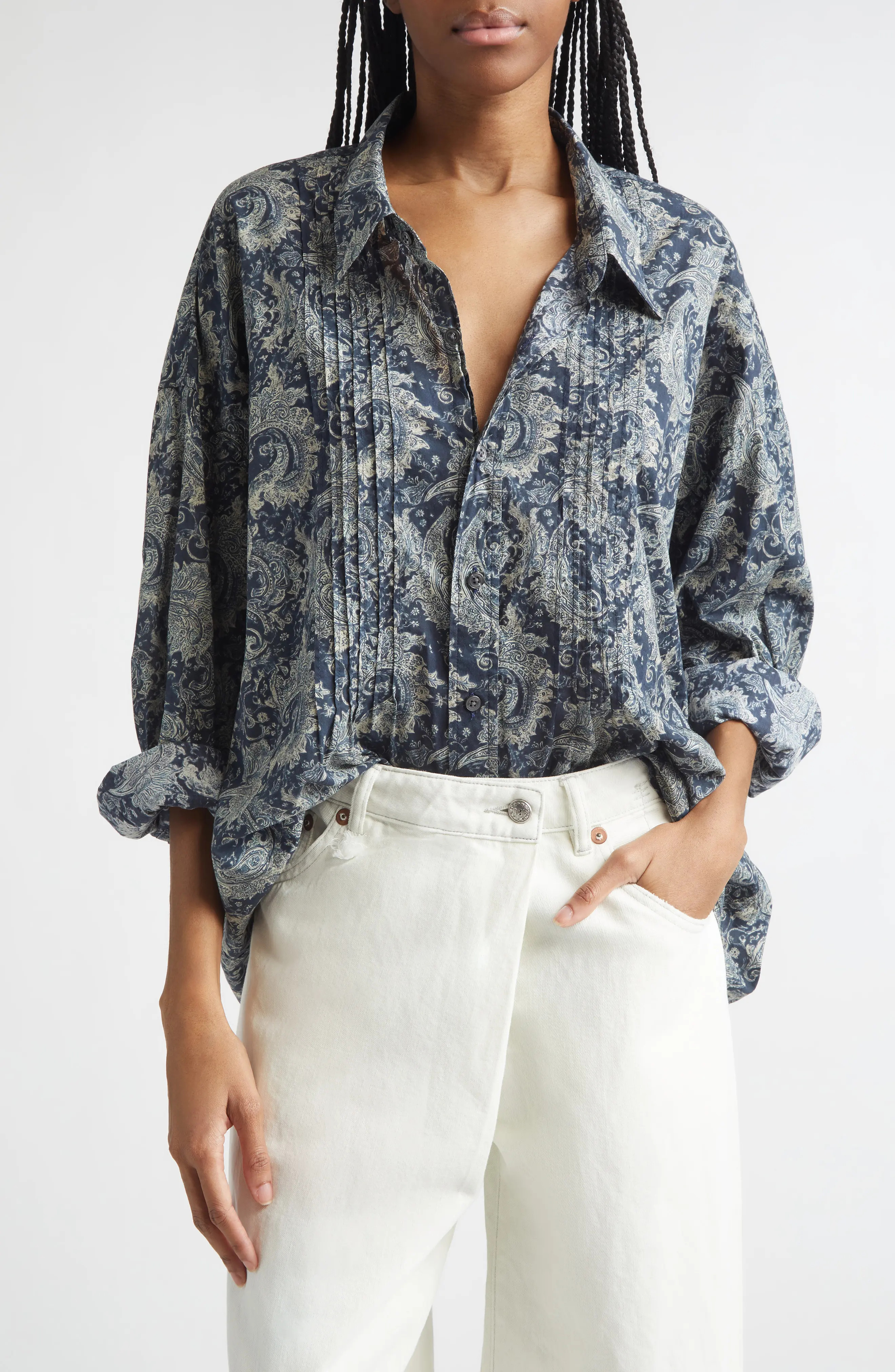 Drop Neck Pintuck Paisley Print Button-Up Shirt (Women) | Nordstrom | Nordstrom