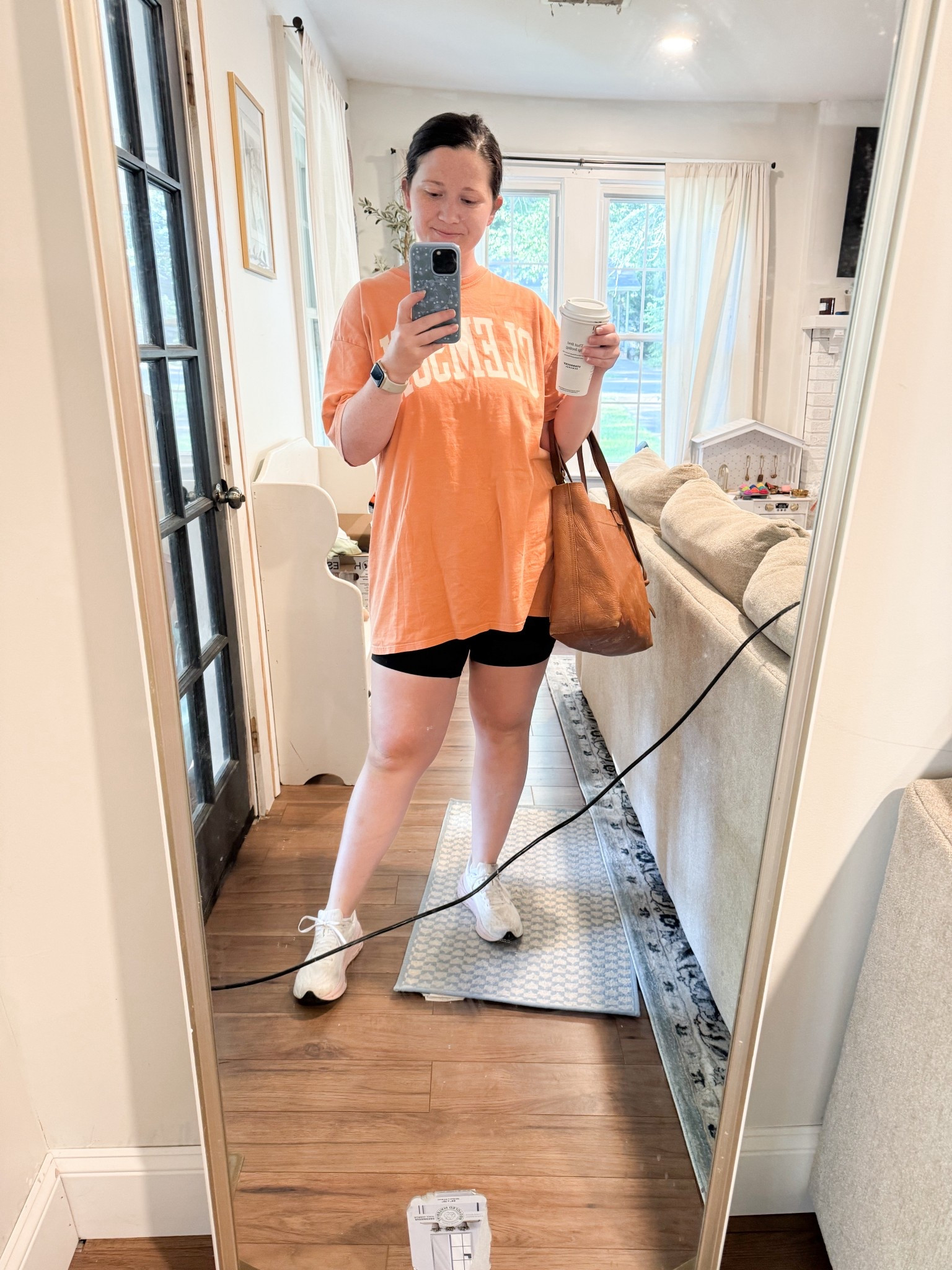 Solid orange Friday mom ootd 