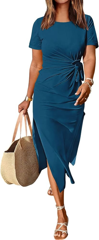 ANRABESS Women’s 2024 Summer Short Sleeve Crewneck T Shirt Maxi Wrap Dress Tie Waist Casual Sli... | Amazon (US)