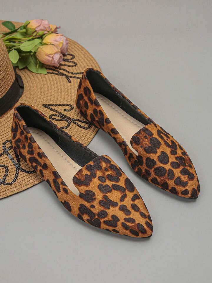 Women's Fashion Leopard Pattern Pointed Toe Flat Slip-On Shoes Elegant Daily Wear Office Commute Autumn Suede Flat Shoes, Brown | SHEIN