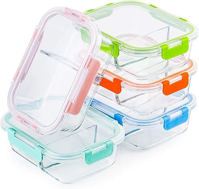 Amazon.com: Glass Meal Prep Containers 2 Compartment Set, 5-Pack, 34oz, Glass Bento Boxes for Adu... | Amazon (US)