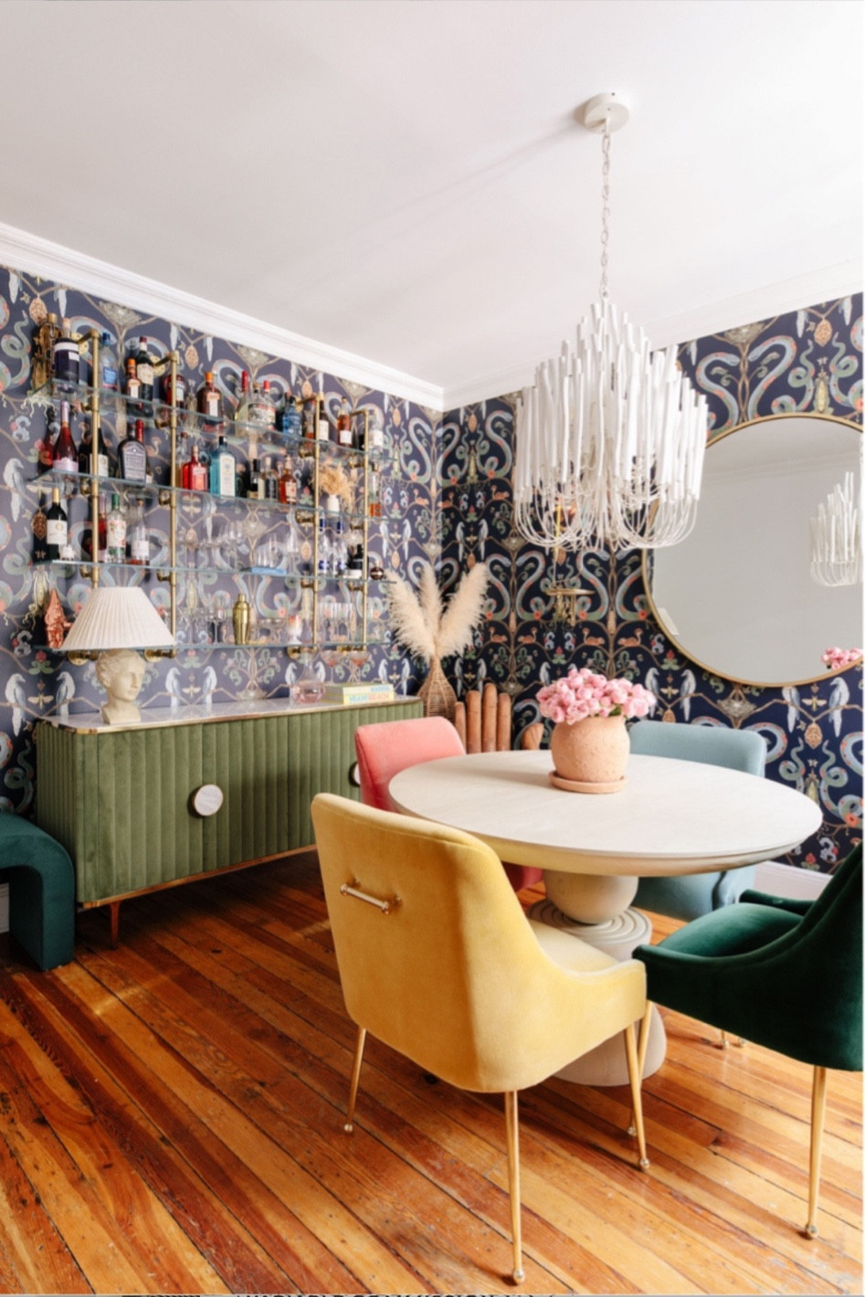 Snake dining room wallpaper dark wallpaper printed wallpaper moody dining room breakfast nook with rainbow chairs 

#LTKHome