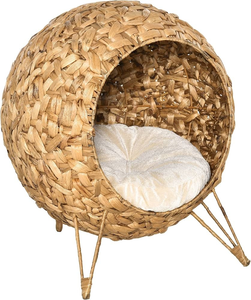 PawHut 20.7" Weaved Cat Bed, Elevated Hand-Woven Braided Banana Leaf Kitten House Condo with Cush... | Amazon (US)
