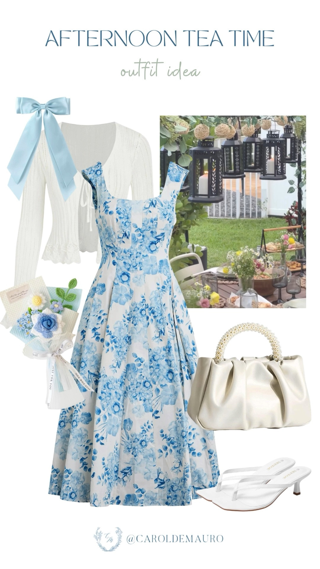 tea time look, floral dress, hair bow, classic handbag, kitten heels, thong sandals, blue and white look, cardigan, tea party, garden party look, fashion inspo, petite fashion, modest look

#LTKootd #LTKPetite #LTKU