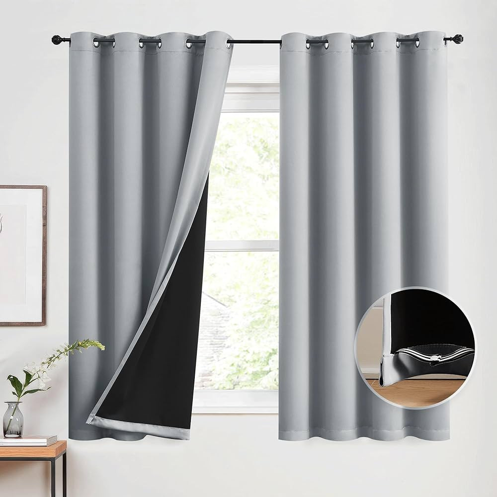 Beauoop Grey 100% Blackout Curtains 63 Inch Long 2 Panels for Bedroom Living Room Solid Room Dark... | Amazon (US)