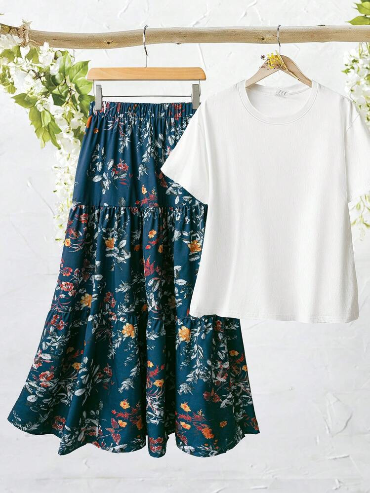 Rusticease High Waist Floral Print Ruffle Hem Skirt | SHEIN