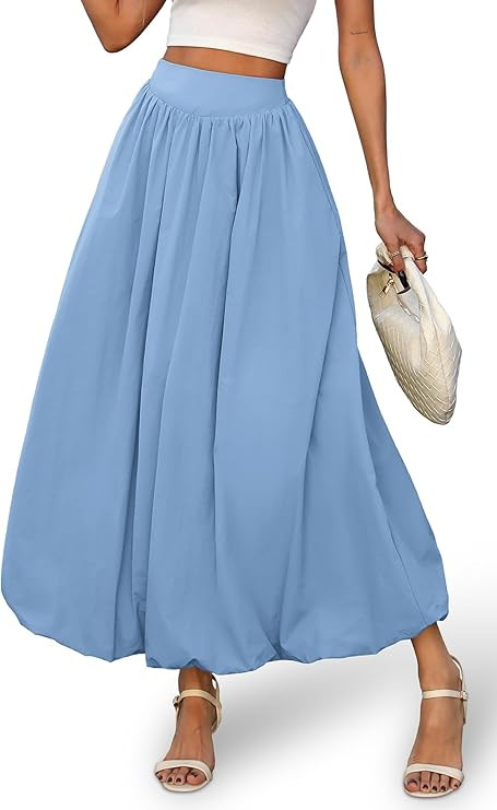 ELLEVEN Women's Bubble Maxi Skirt, Elastic Waist Puffy Hem A-Line Skirt with Pockets | Amazon (US)