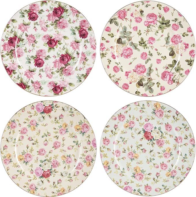 Gracie China Rose Chintz Porcelain 8-Inch Dessert Plate Set of 4, Assorted Four Designs | Amazon (US)