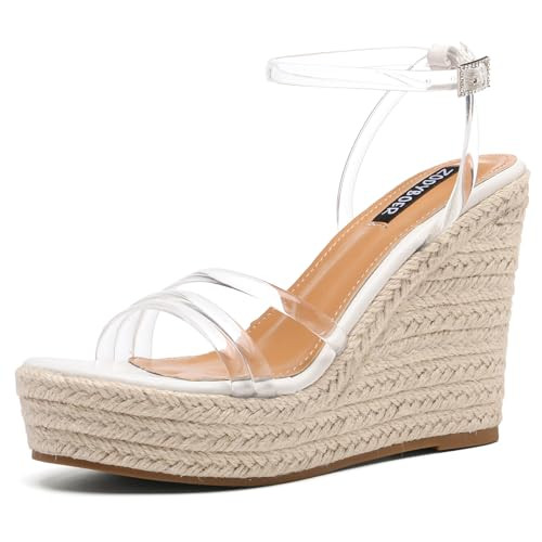 ZodyBoer Womens Clear Wedge Sandals, High Heel Espadrille Platform Wedge Sandals With Clear Straps, Summer Sandals Open Toe with Ankle Strap, White Size 10 | Amazon (US)