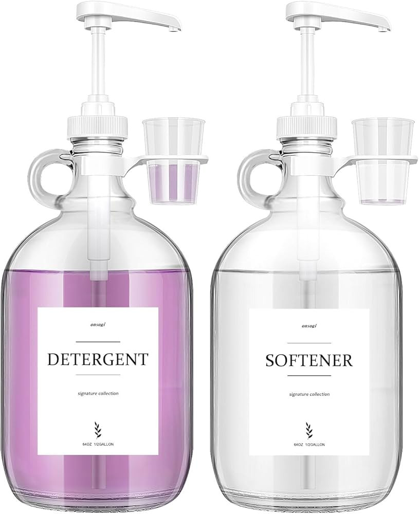 2 Pcs Glass Liquid Laundry Detergent Dispenser with Cup Holders, Half Gallon Dispenser for Laundr... | Amazon (US)