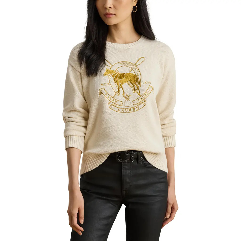 Lauren Ralph Lauren Embroidered Crewneck Sweater in Mascarpone Cream at Nordstrom, Size Medium P | Nordstrom