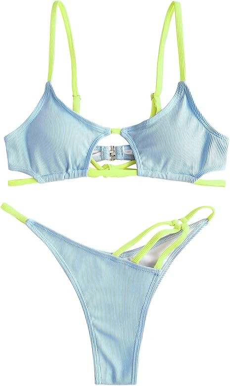 ZAFUL Women's Sexy Cutout Bikini Thong Bikini Set String Two Piece Swimsuit Bathing Suit | Amazon (US)