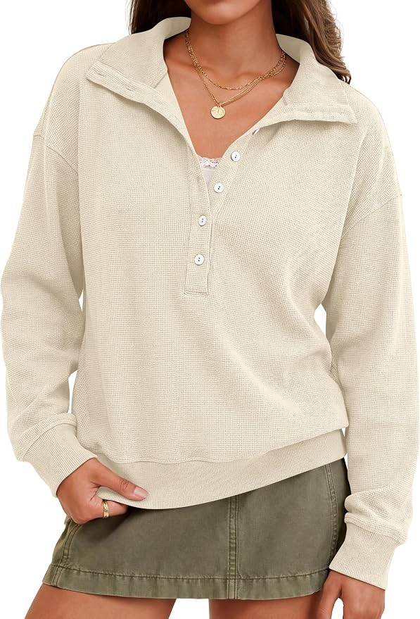 ANRABESS Sweatshirt for Womens Waffle Knit Henley Pullover | Lightweight Soft Thermal ,Regular Fi... | Amazon (US)