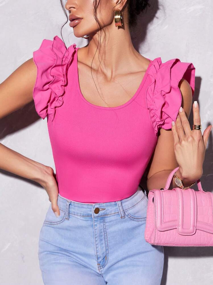 SHEIN Privé Spring Break Ruffle Trim Scoop Neck Butterfly Sleeve Peplum Tee | SHEIN