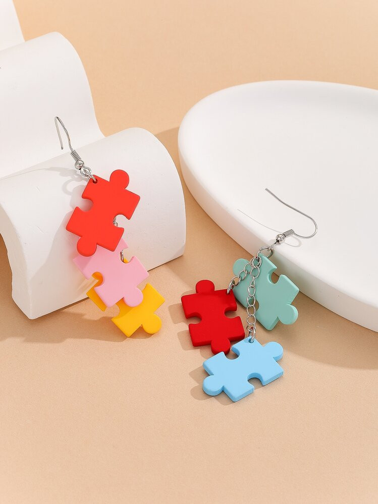 1pair Pastel Colored Puzzle Pieces Shaped Acrylic Pendant Earrings, Fashionable For Girls' Party | SHEIN