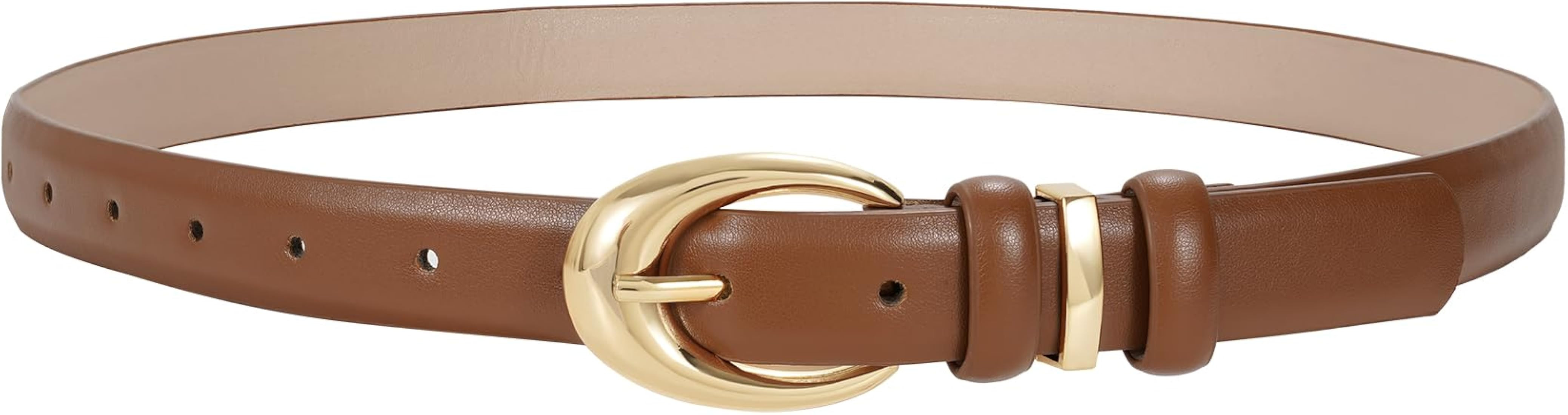 Women Leather Belt for Jeans Pants Fashion Ladies Skinny Faux Leather Dress belt with Gold Buckle | Amazon (US)