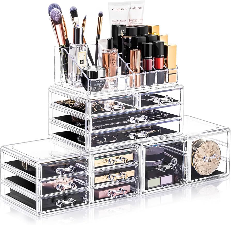 Makeup Organizer 4 Pieces, Acrylic Makeup Storage Box with 12 Drawers for Lipstick Jewelry and Ma... | Amazon (US)