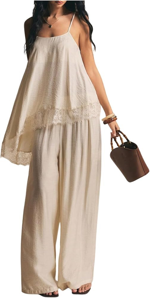 Verdusa Women's 2 Piece Matching Sets Lace Asymmetrical Camisole Tops with Wide Leg Pants Cruise ... | Amazon (US)