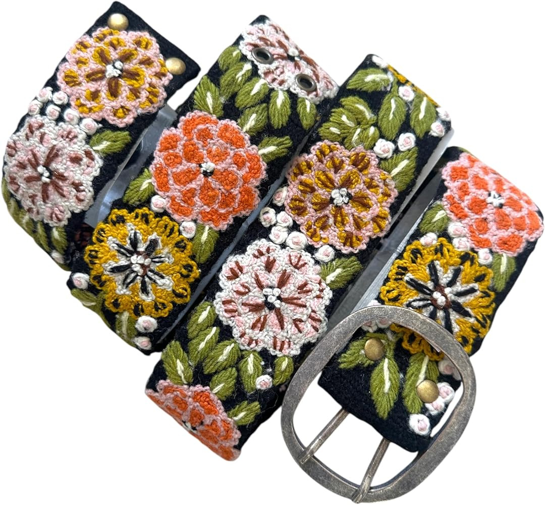 Peruvian Embroidered Belt for Women, Wool, Handmade, Fair Trade - Vintage Blossom Black Base | Amazon (US)