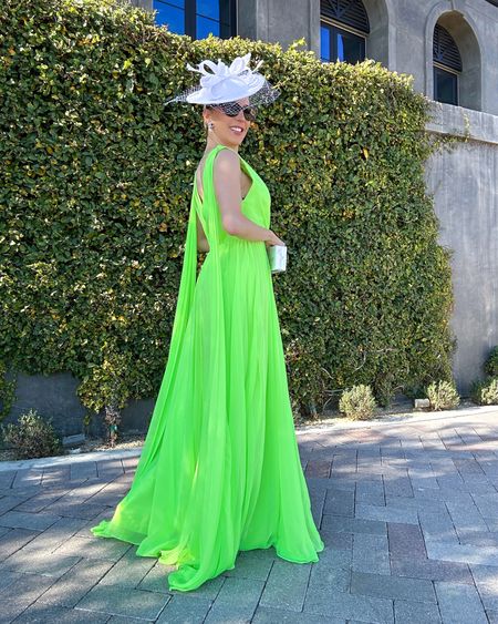 Close up of the lime green / neon green maxi dress / gown. I love how floaty it is and the shoulder details. Def needed to fake tan with this one. Destination wedding guest dress, what to wear to a wedding in England, Summer Wedding guest dress, spring gala, horse racing outfit inspo

#LTKFind #LTKstyletip