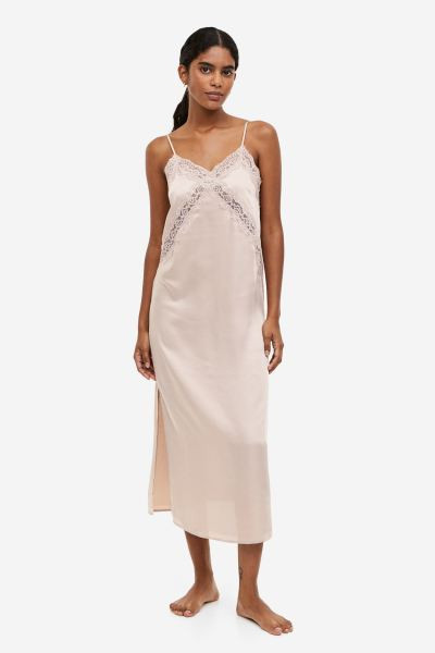 Satin nightslip - V-neck - Sleeveless - Grey - Ladies | H&M GB | H&M (UK, MY, IN, SG, PH, TW, HK)