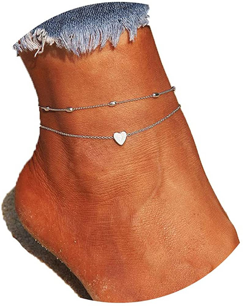 Artmiss Layered Anklets Women Heart Silver Ankle Bracelet Charm Beaded Dainty Foot Jewelry for Wo... | Amazon (US)