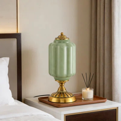 Vintage Green Glass Table Lamp With Antique Gold Base, Art Deco Mid-Century Modern Design, Includes E12 LED Bulb With Dual Color Temperature, Non-Dimm | Wayfair North America
