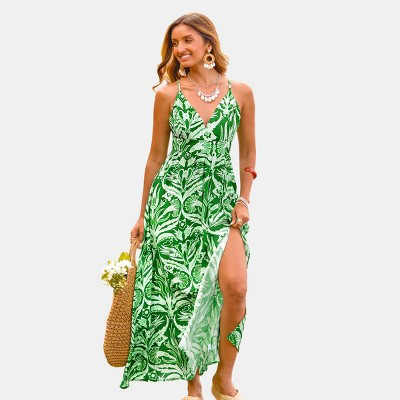 Cupshe Women's Tropical Leaf Print Side Slit Maxi Beach Dress-M-Green | Target