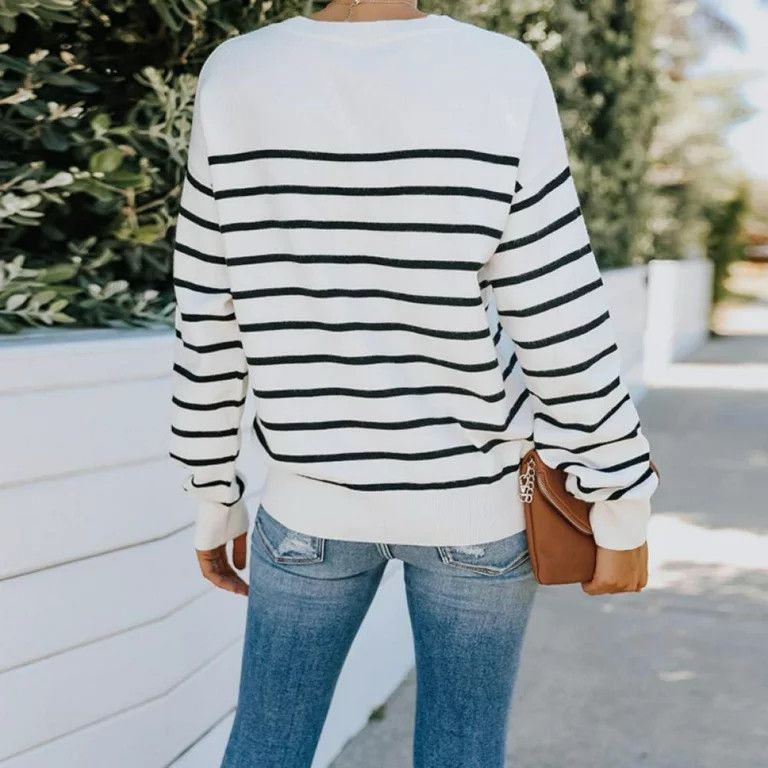 Crew Neck Sweater Women Long Sleeve Knit Ribbed Button Sweater Stripe Tops | Walmart (US)