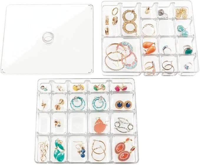 mDesign Stackable Plastic Storage Jewelry Box - 2 Organizer Trays with Lid for Drawer, Dresser, V... | Amazon (US)